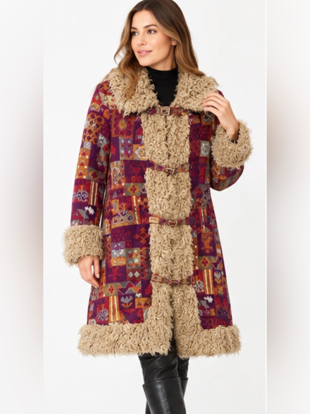 Vintage 70s Niccolini Tapestry Penny Lane Coat Faux Fur Trim